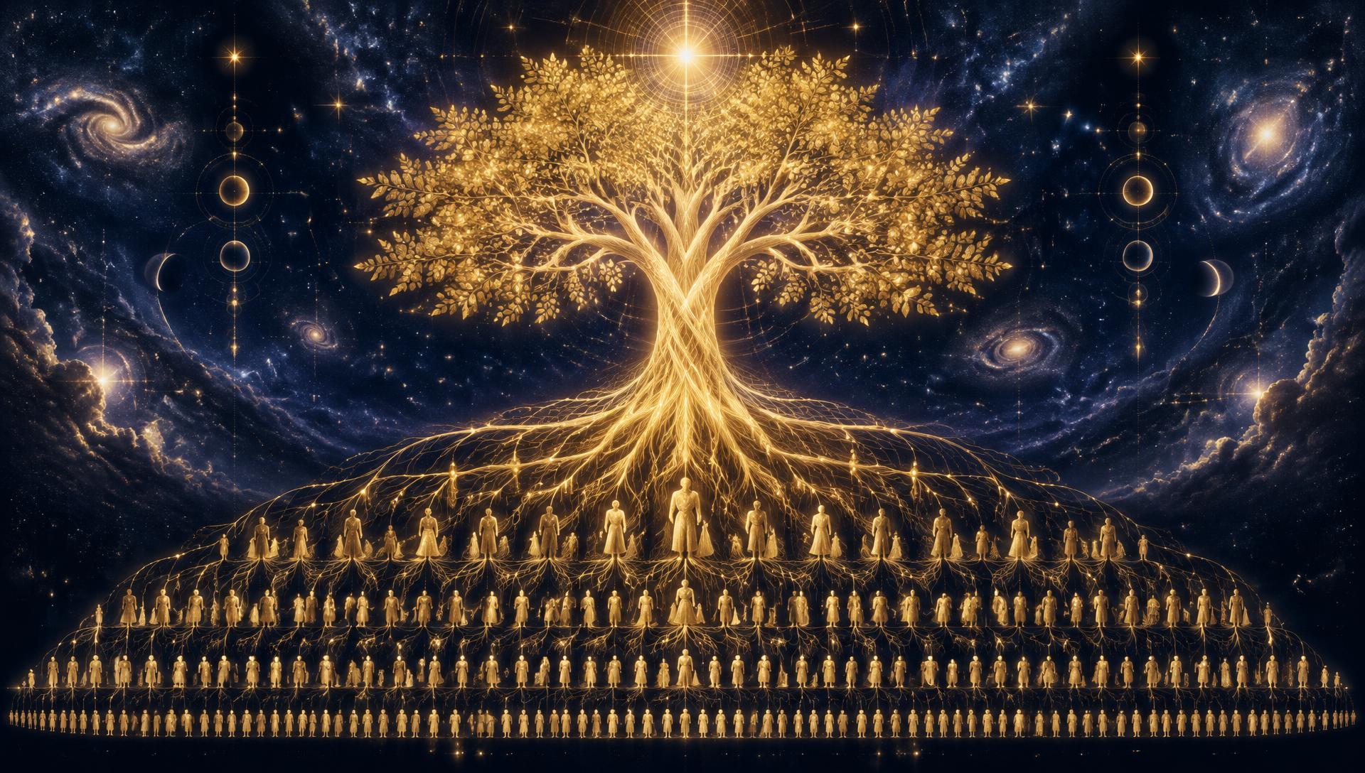 Un arbre doré lumineux dont les racines plongent dans des lignées de silhouettes