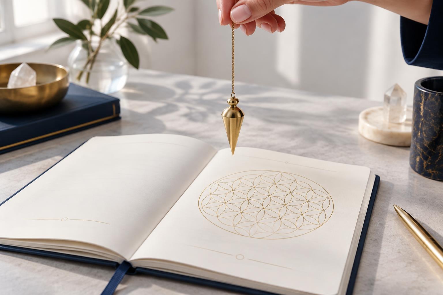 Un pendule en laiton au-dessus d'un livret ouvert sur une table claire